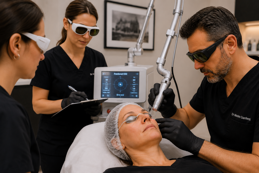 Dr Gianfermi pratiquant un laser CO2 paupières en atelier patient modèle Paris